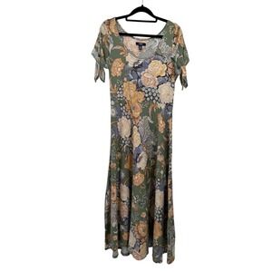 Chaps Floral Maxi Dress Womens Medium Green Pink Yellow Short Sleeve Tie Detail